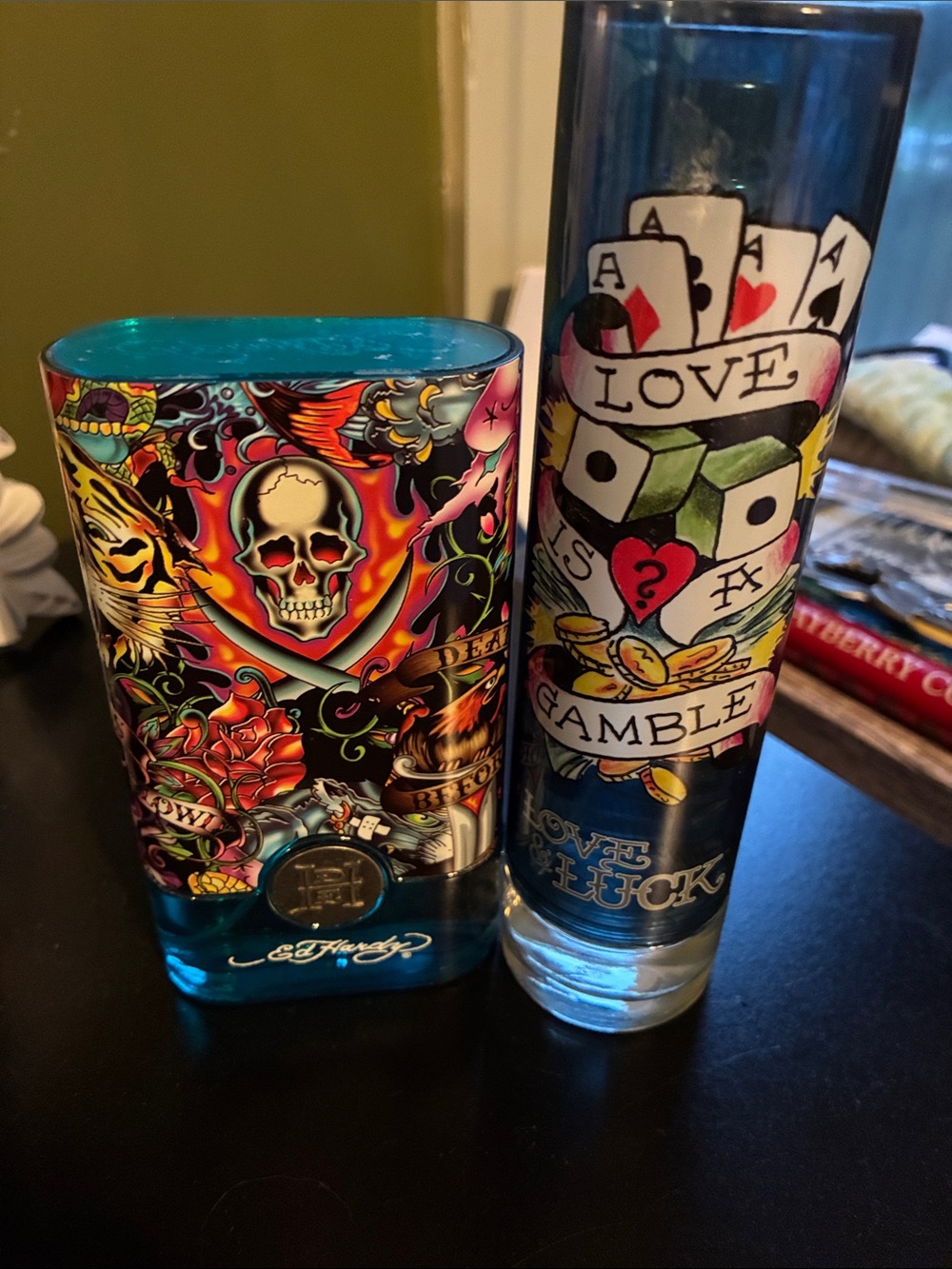 Ed Hardy Multicolor Skull & Tattoo Motif Glass Vases
